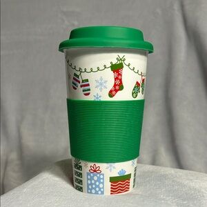 California Pantry Festive Holiday Travel Cup  with Green Silicone Sleeve and Lid